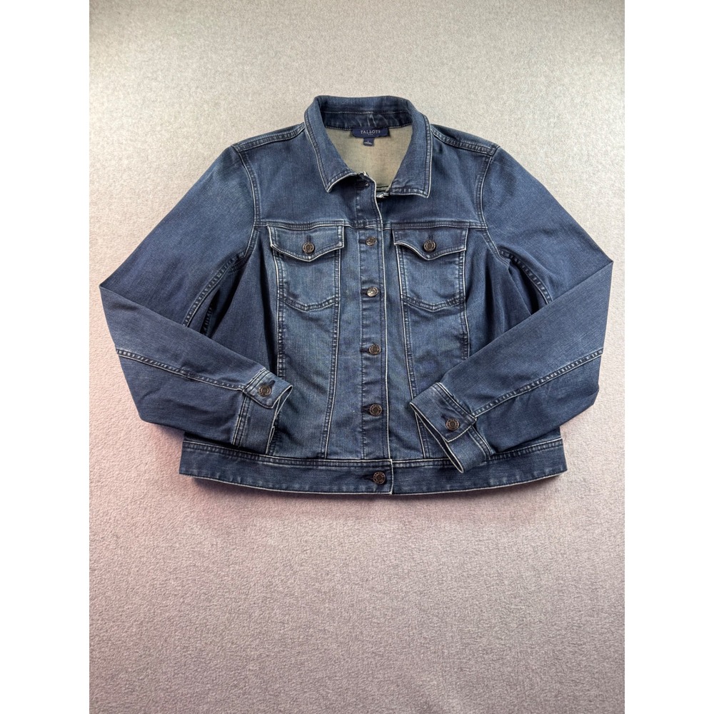 Talbots Womens Dark Wash Denim Jacket Size L Blue Stretch Cotton Button Front